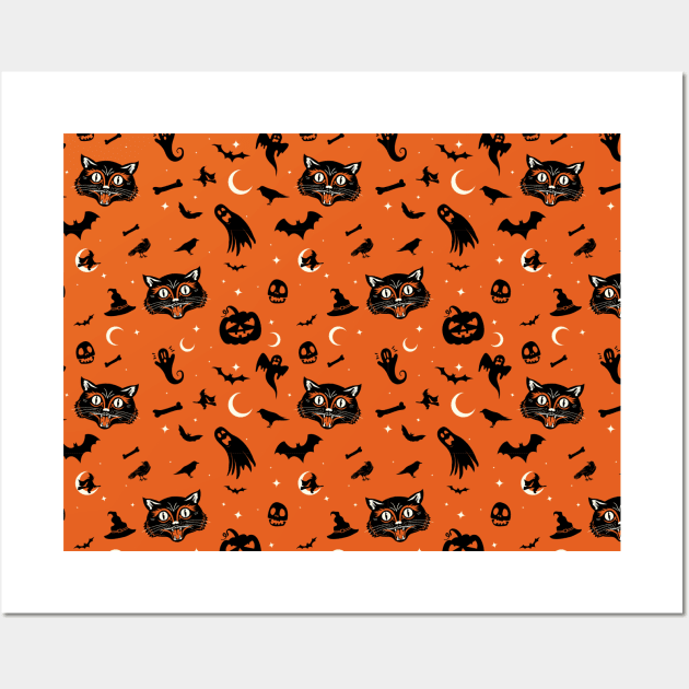 Black Cat Halloween Design Pattern Wall Art by Strangeology